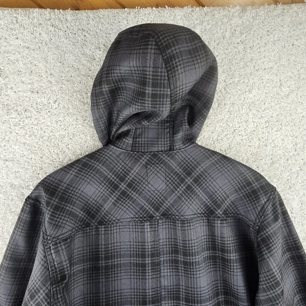 Dickies Hooded Jacket Gray Plaid Fleece Lined Flannel Hooded Snap Mens Medium